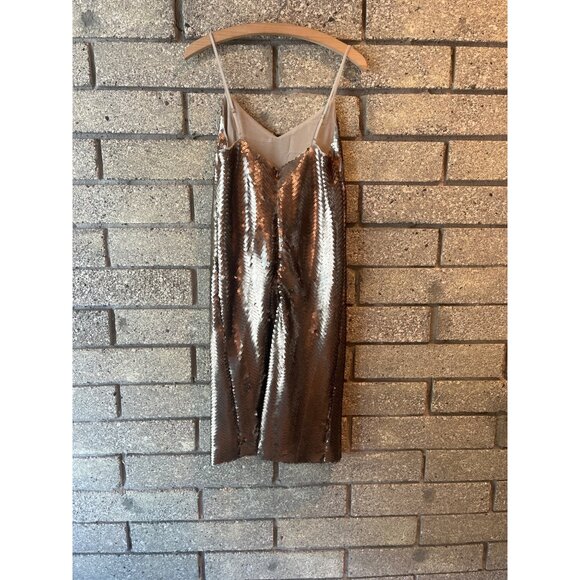Vintage Bronze Sequin Slip Dress With Spaghetti Straps & Chevron Pattern - Picture 8 of 11